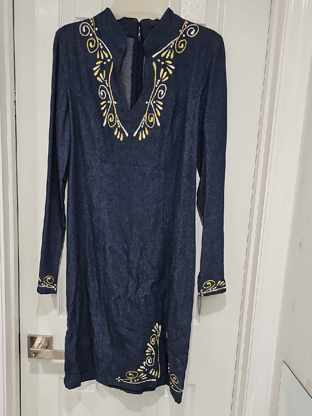 metrostyle Navy Blue Long Sleeve Embroidered Tunic Dress